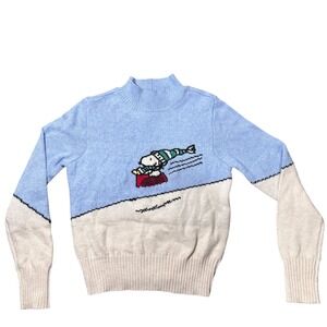 American Eagle Snoopy Peanuts Sledding Mock Neck Sweater Blue| Size: Small